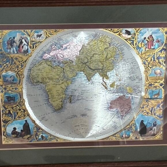 Framed World Map Foil Print | 7.5”x5.5” | Vintage Polar Projection Art - Picture 3 of 5
